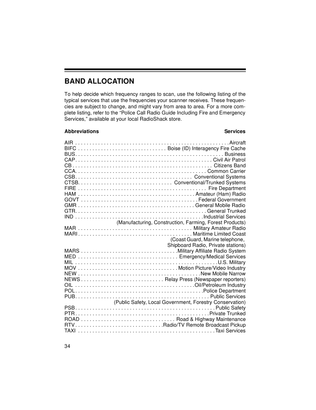 Radio Shack PRO-2048 owner manual Band Allocation, Abbreviations Services 