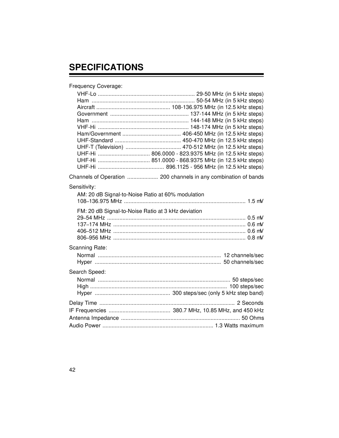 Radio Shack PRO-2048 owner manual Specifications 