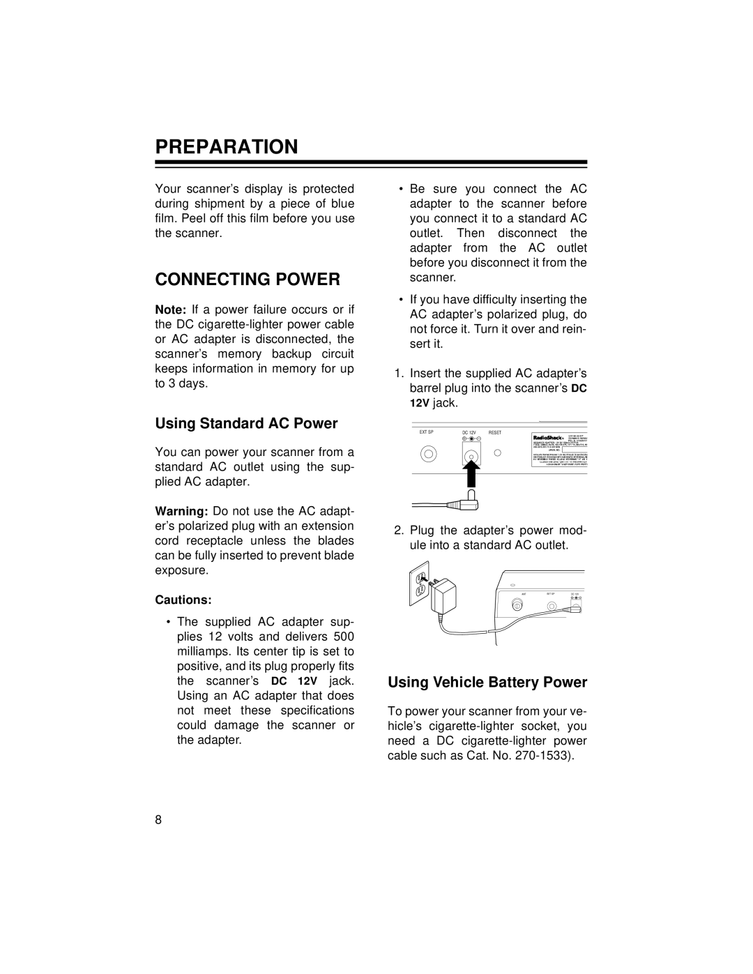 Radio Shack PRO-2048 owner manual Preparation, Connecting Power, Using Standard AC Power, Using Vehicle Battery Power 