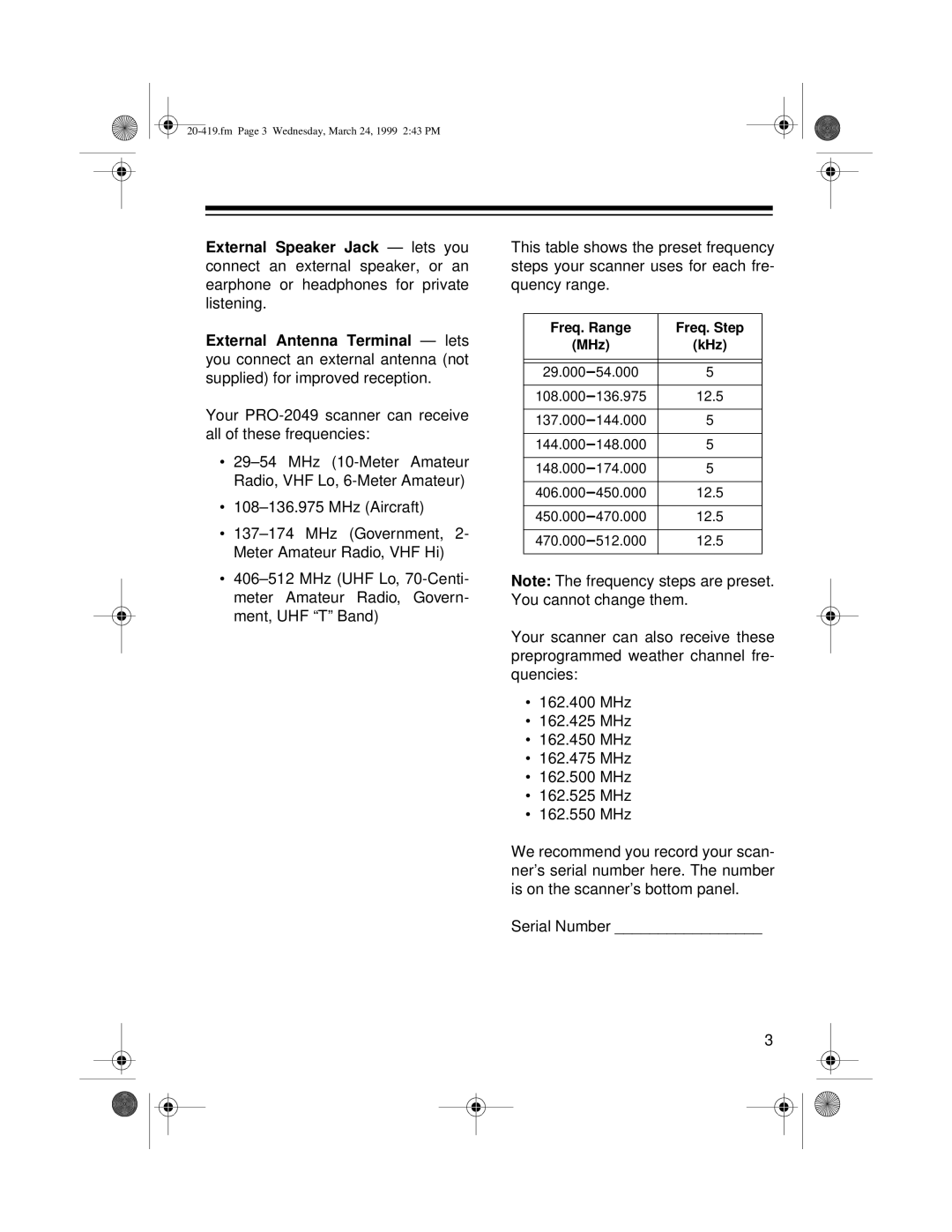 Radio Shack PRO-2049 owner manual Freq. Range Freq. Step MHz KHz 