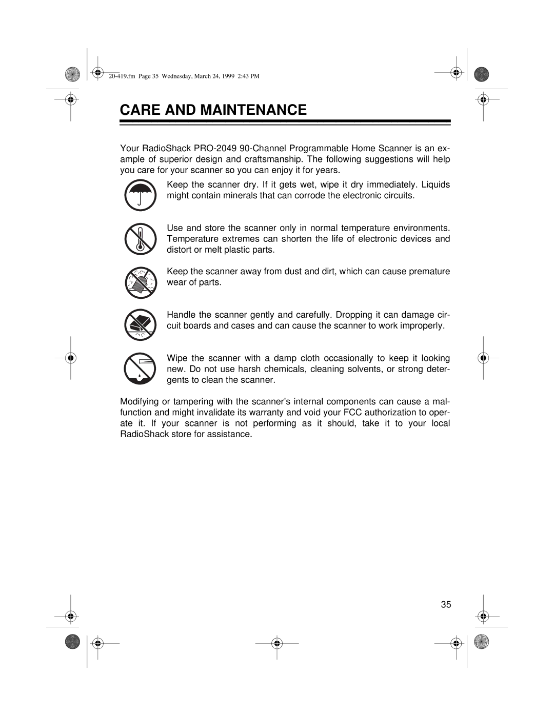 Radio Shack PRO-2049 owner manual Care and Maintenance 