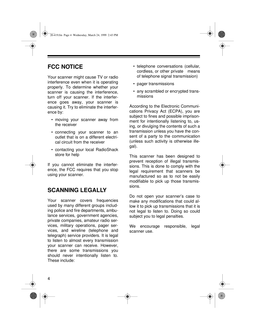 Radio Shack PRO-2049 owner manual FCC Notice, Scanning Legally 