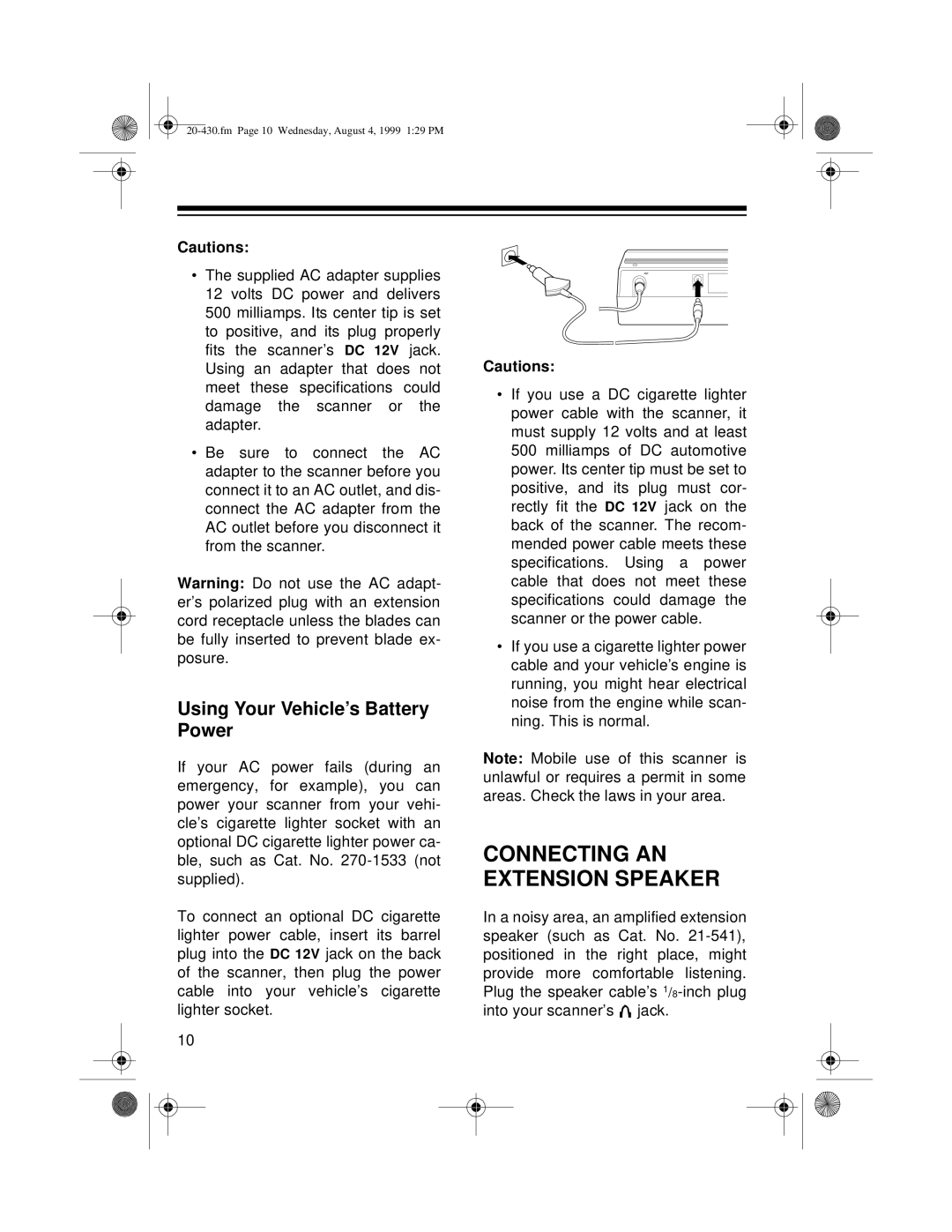 Radio Shack PRO-2050 owner manual Connecting AN Extension Speaker, Using Your Vehicle’s Battery Power 