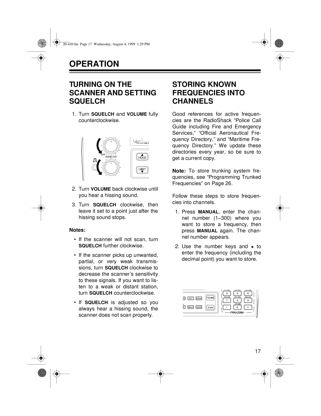 Radio Shack PRO-2050 owner manual Operation, Turning on Storing Known Scanner and Setting, Squelch Channels 