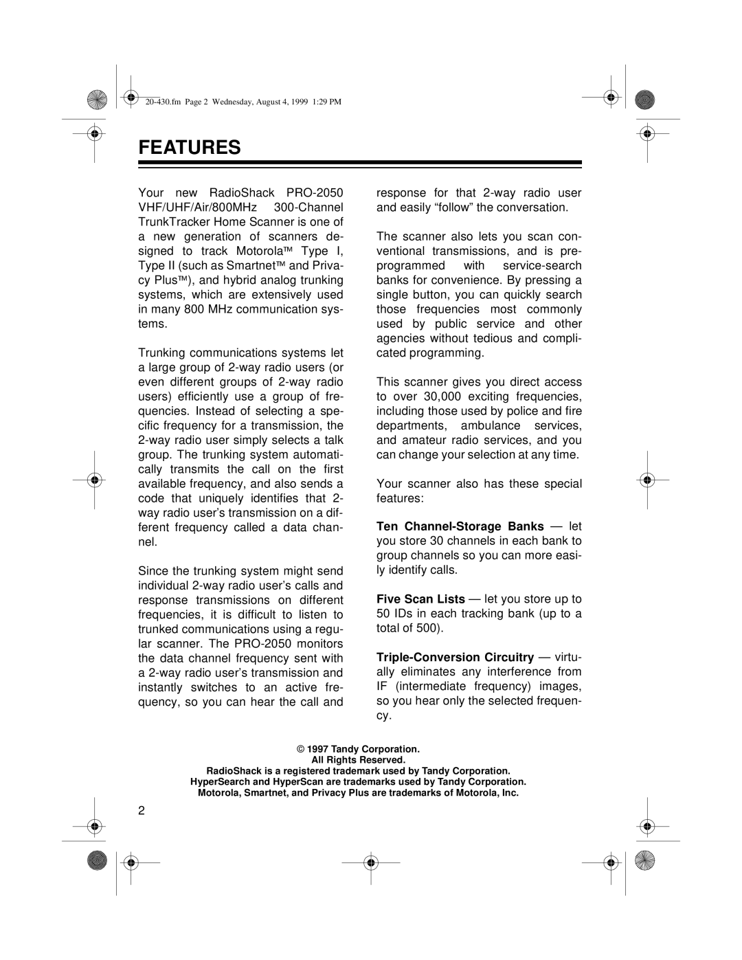 Radio Shack PRO-2050 owner manual Features 