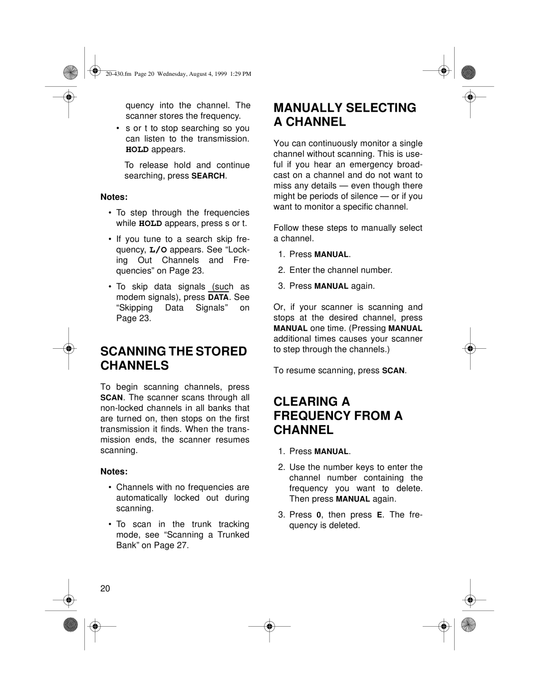 Radio Shack PRO-2050 Scanning the Stored Channels, Manually Selecting a Channel, Clearing a Frequency from a Channel 