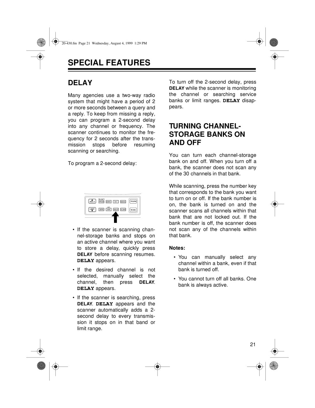 Radio Shack PRO-2050 owner manual Special Features, Delay, Turning CHANNEL- Storage Banks on and OFF 