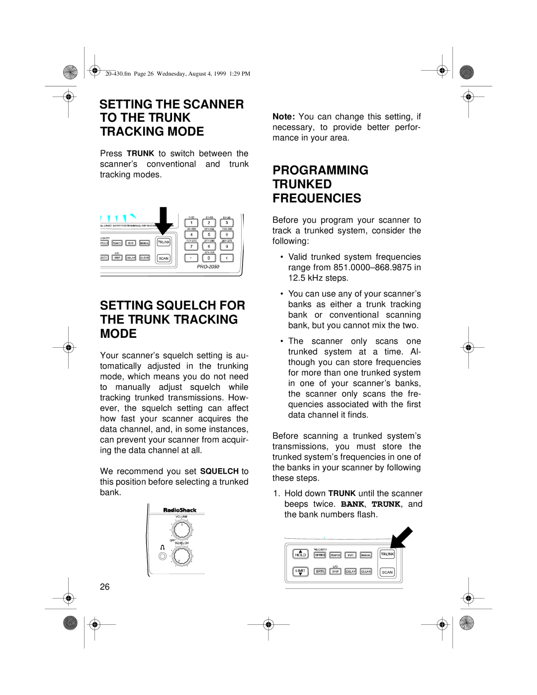 Radio Shack PRO-2050 owner manual Setting Squelch for the Trunk Tracking Mode, Programming Trunked Frequencies 