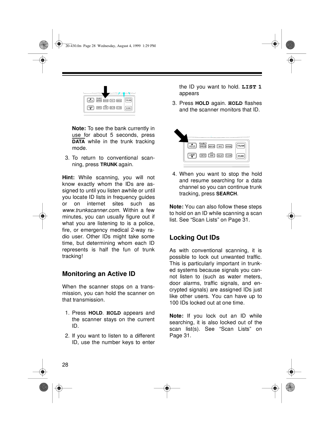 Radio Shack PRO-2050 owner manual Monitoring an Active ID, Locking Out IDs 