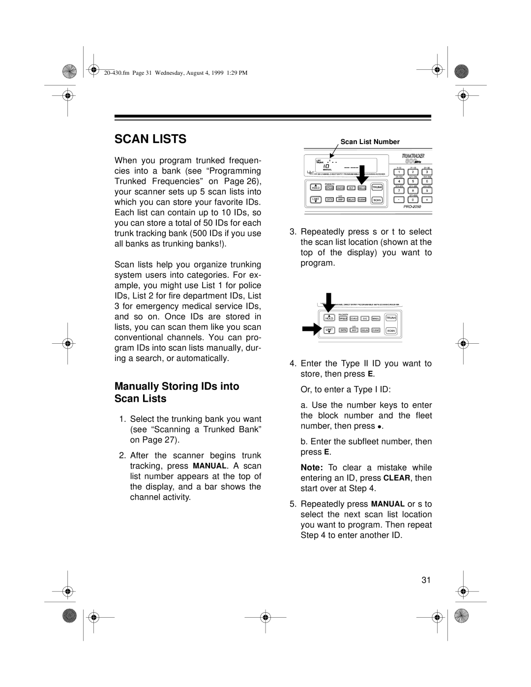 Radio Shack PRO-2050 owner manual Manually Storing IDs into Scan Lists 