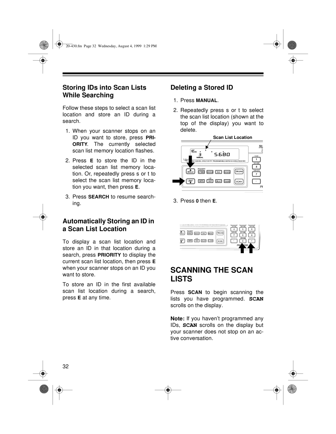 Radio Shack PRO-2050 Scanning the Scan Lists, Storing IDs into Scan Lists While Searching, Deleting a Stored ID 