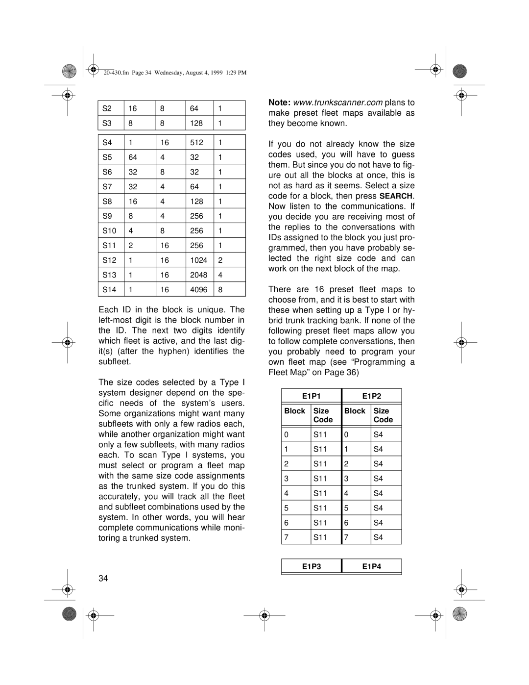 Radio Shack PRO-2050 owner manual E1P1 E1P2 Block Size Code 