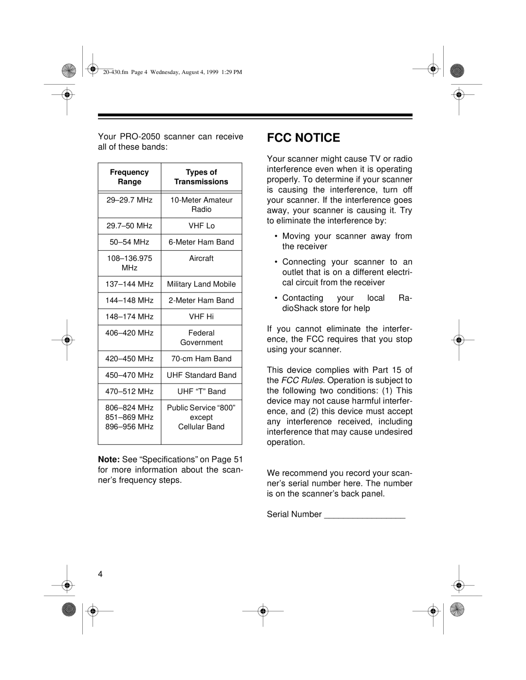 Radio Shack owner manual FCC Notice, Your PRO-2050 scanner can receive all of these bands 