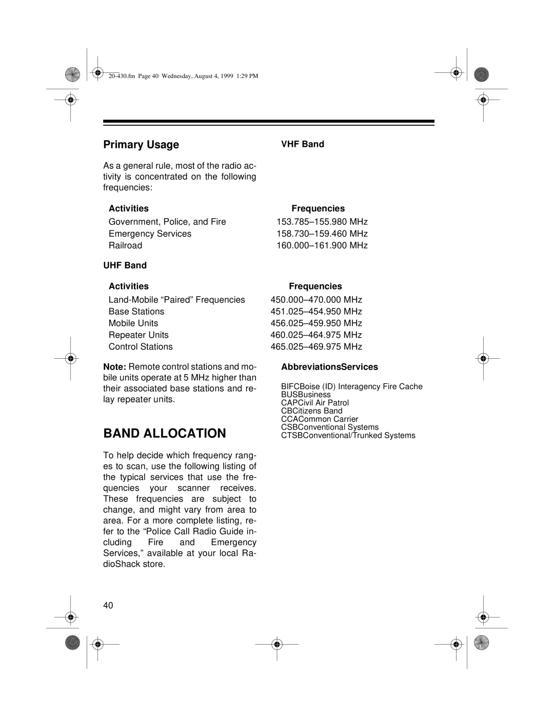 Radio Shack PRO-2050 owner manual Band Allocation, Primary Usage 