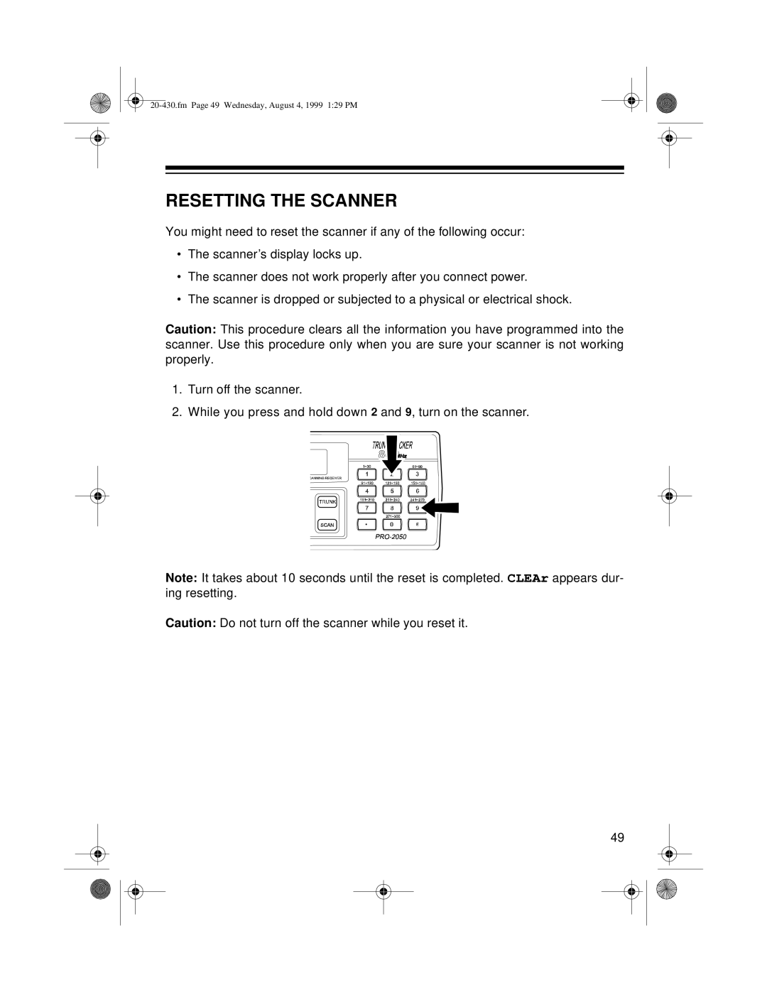 Radio Shack PRO-2050 owner manual Resetting the Scanner 