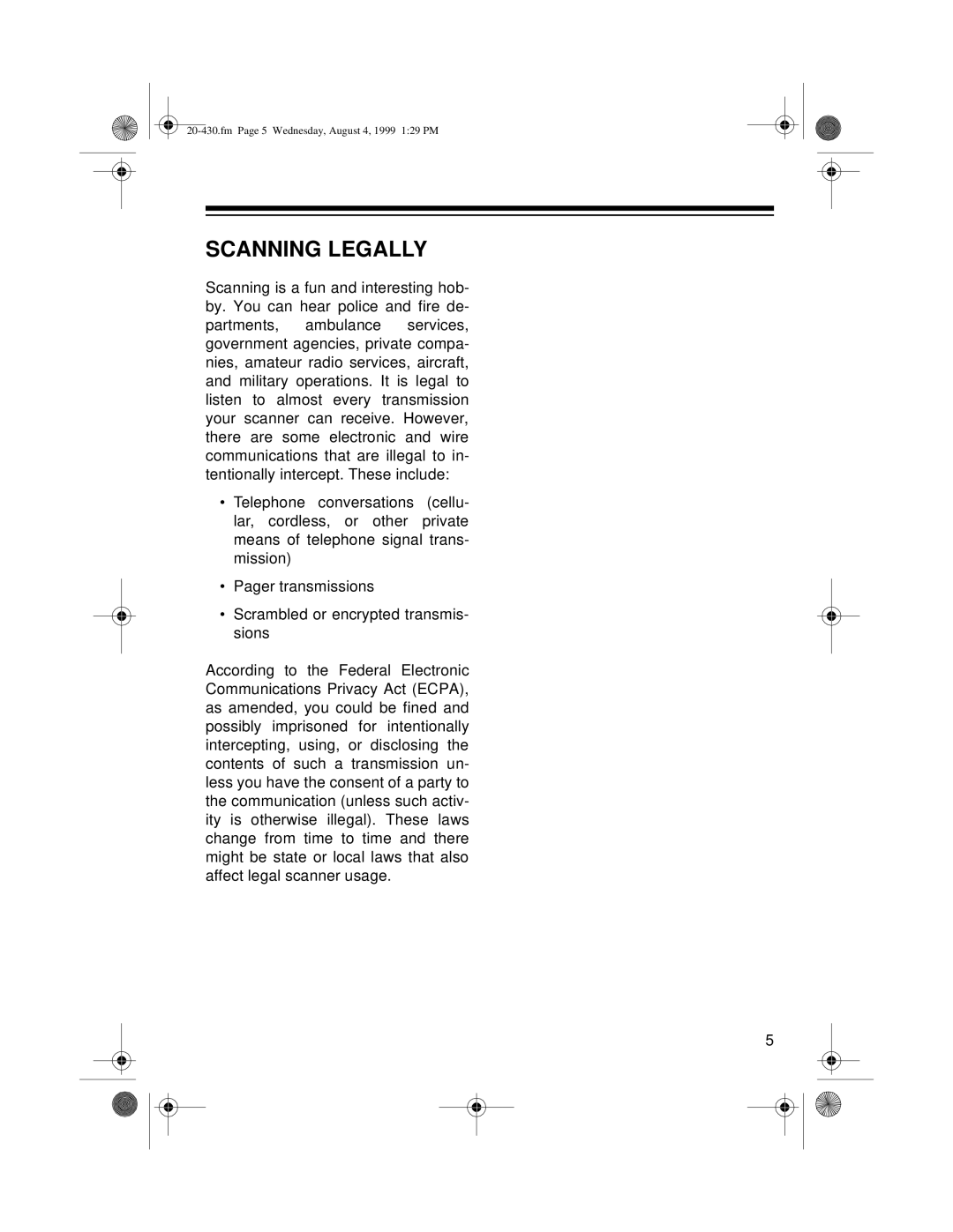 Radio Shack PRO-2050 owner manual Scanning Legally 