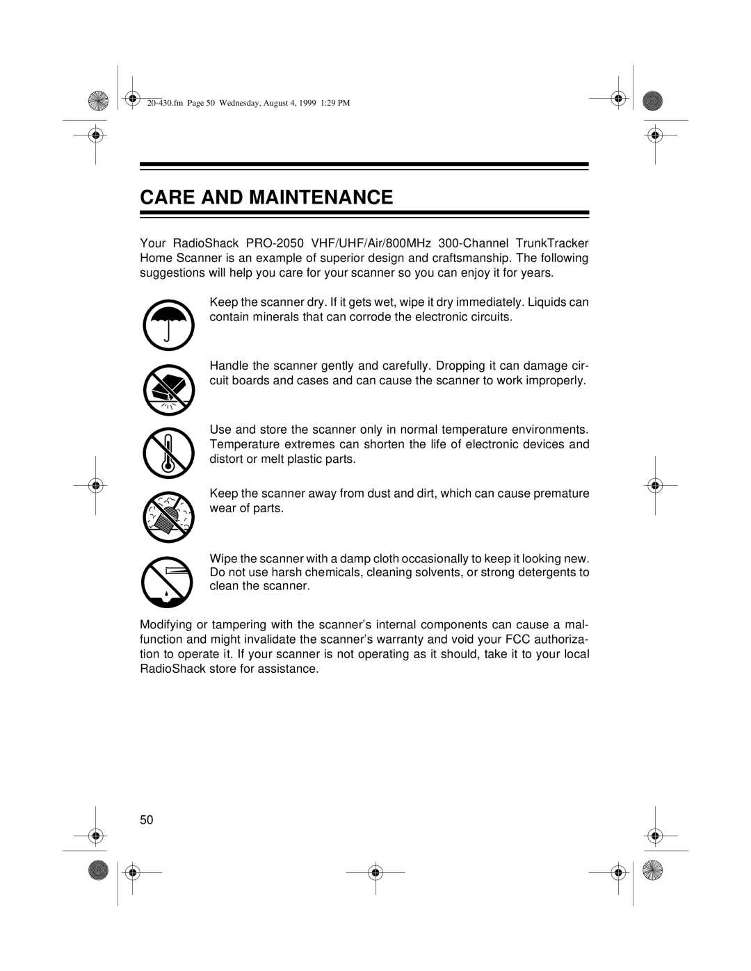 Radio Shack PRO-2050 owner manual Care and Maintenance 