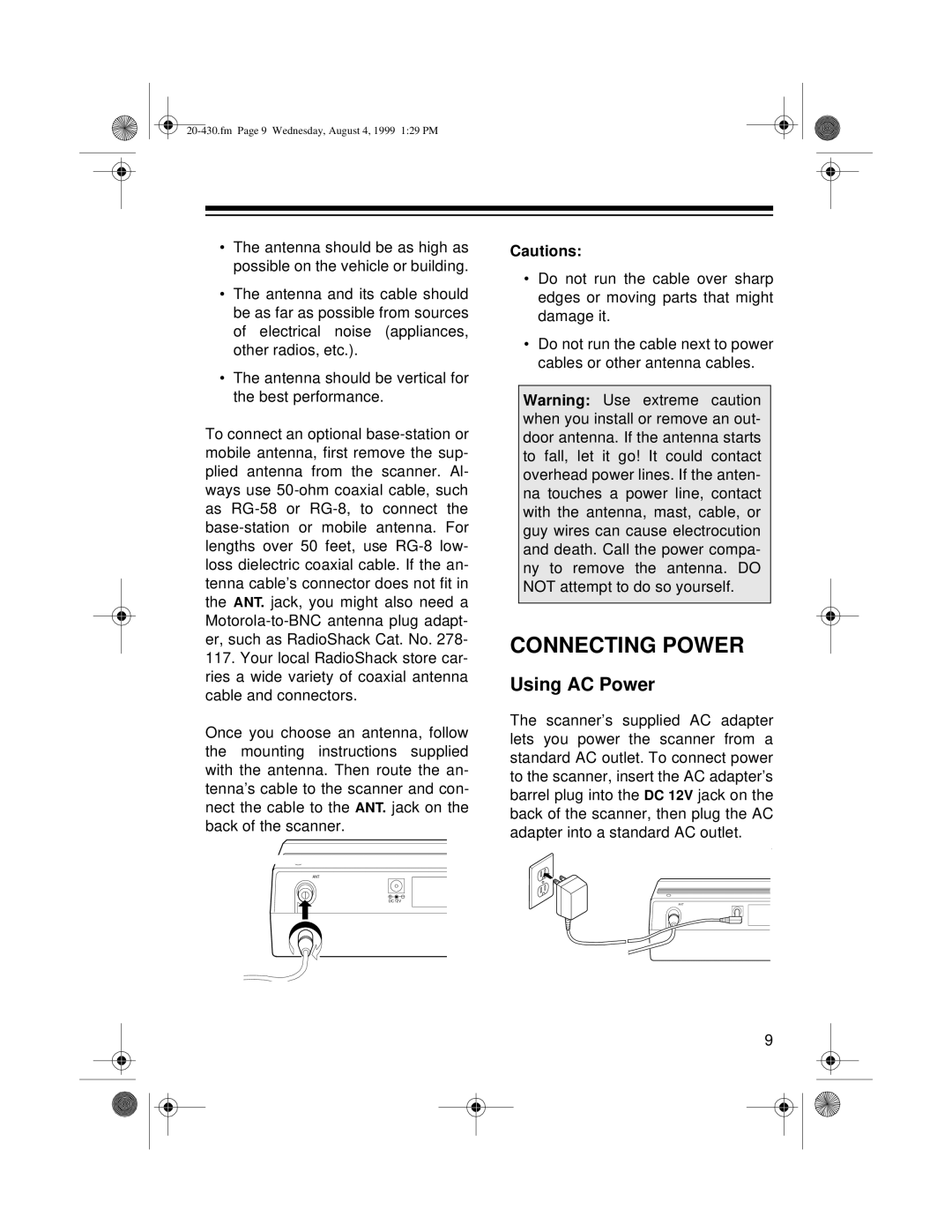 Radio Shack PRO-2050 owner manual Connecting Power, Using AC Power 