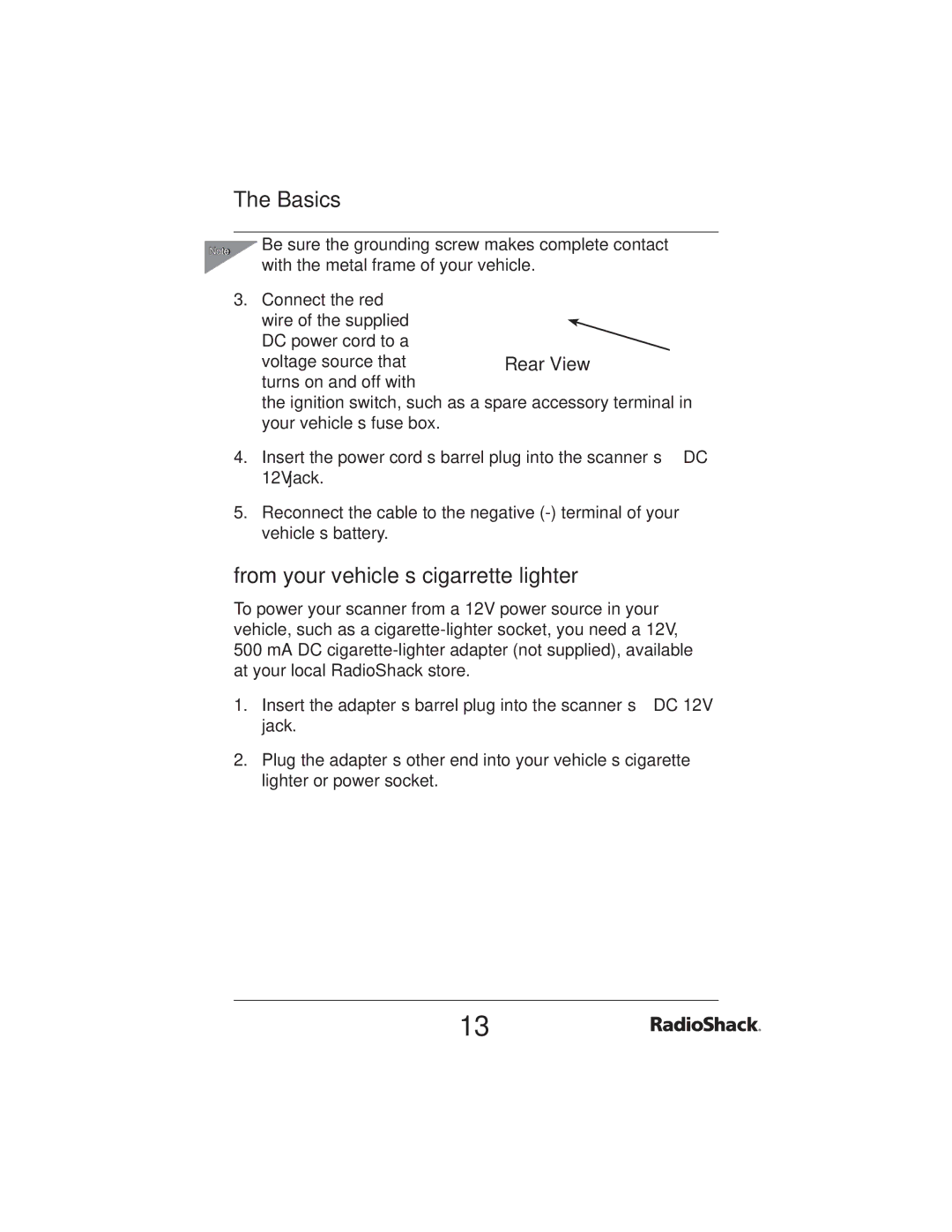 Radio Shack PRO-2051 manual From your vehicle’s cigarrette lighter, Rear View 