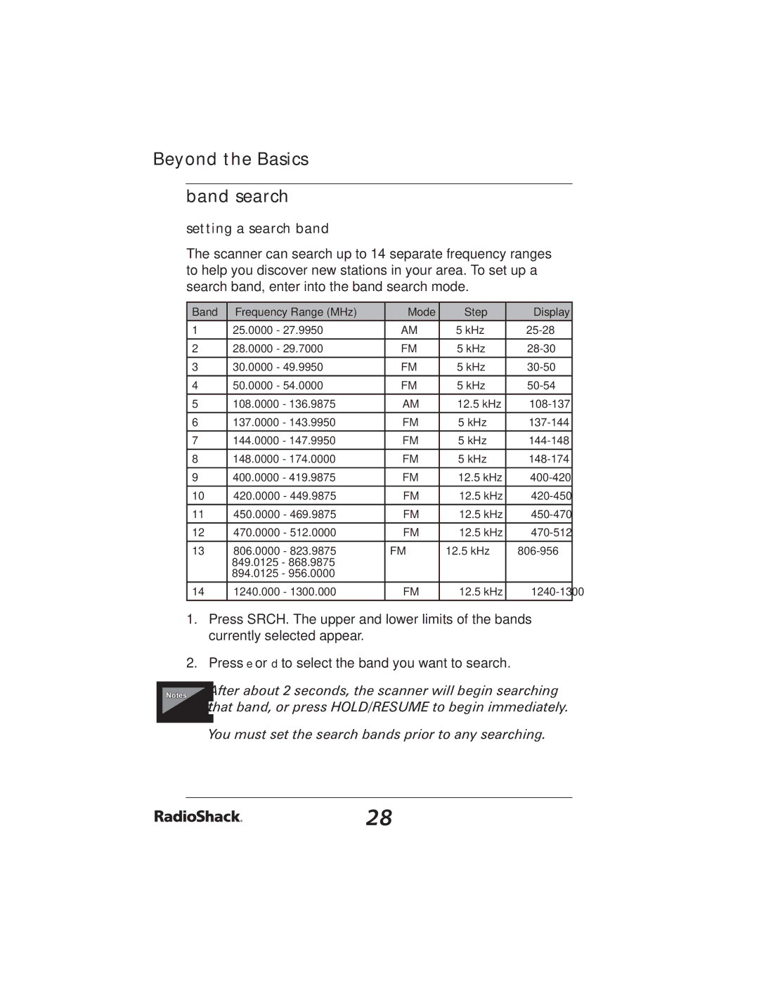 Radio Shack PRO-2051 manual Beyond the Basics Band search, Setting a search band 