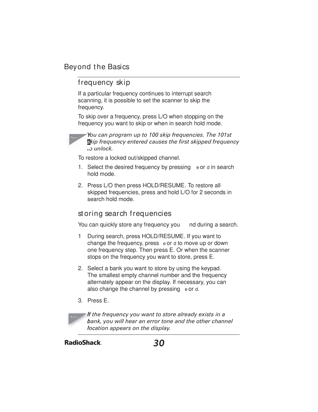 Radio Shack PRO-2051 manual Beyond the Basics Frequency skip, Storing search frequencies 