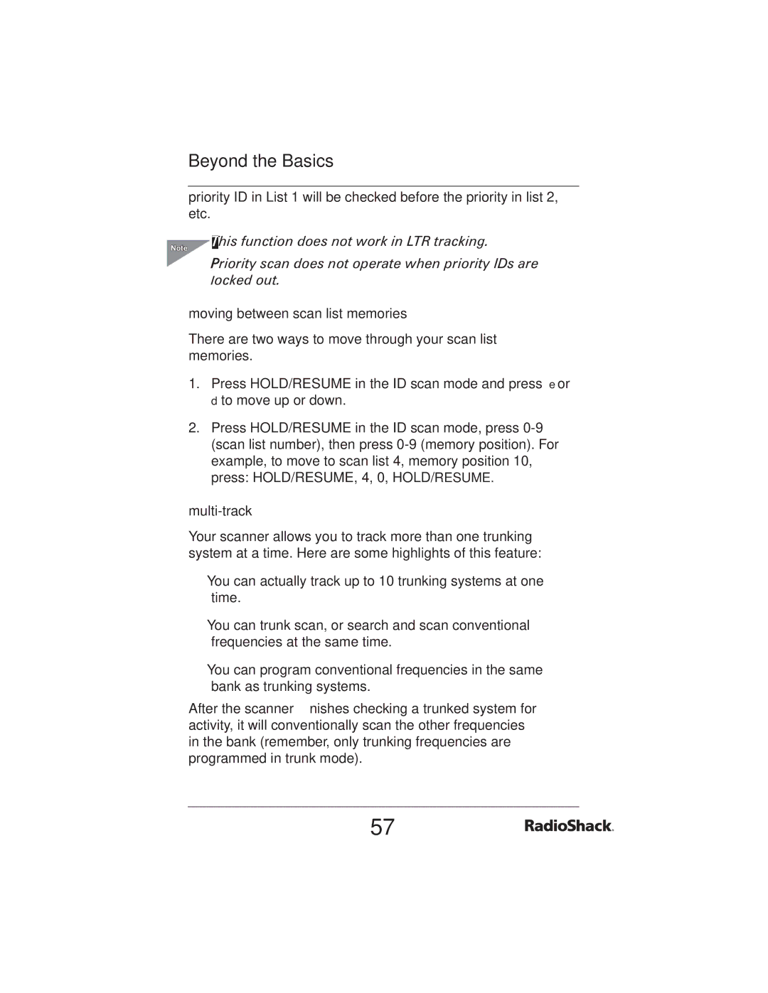 Radio Shack PRO-2051 manual Moving between scan list memories, Multi-track 