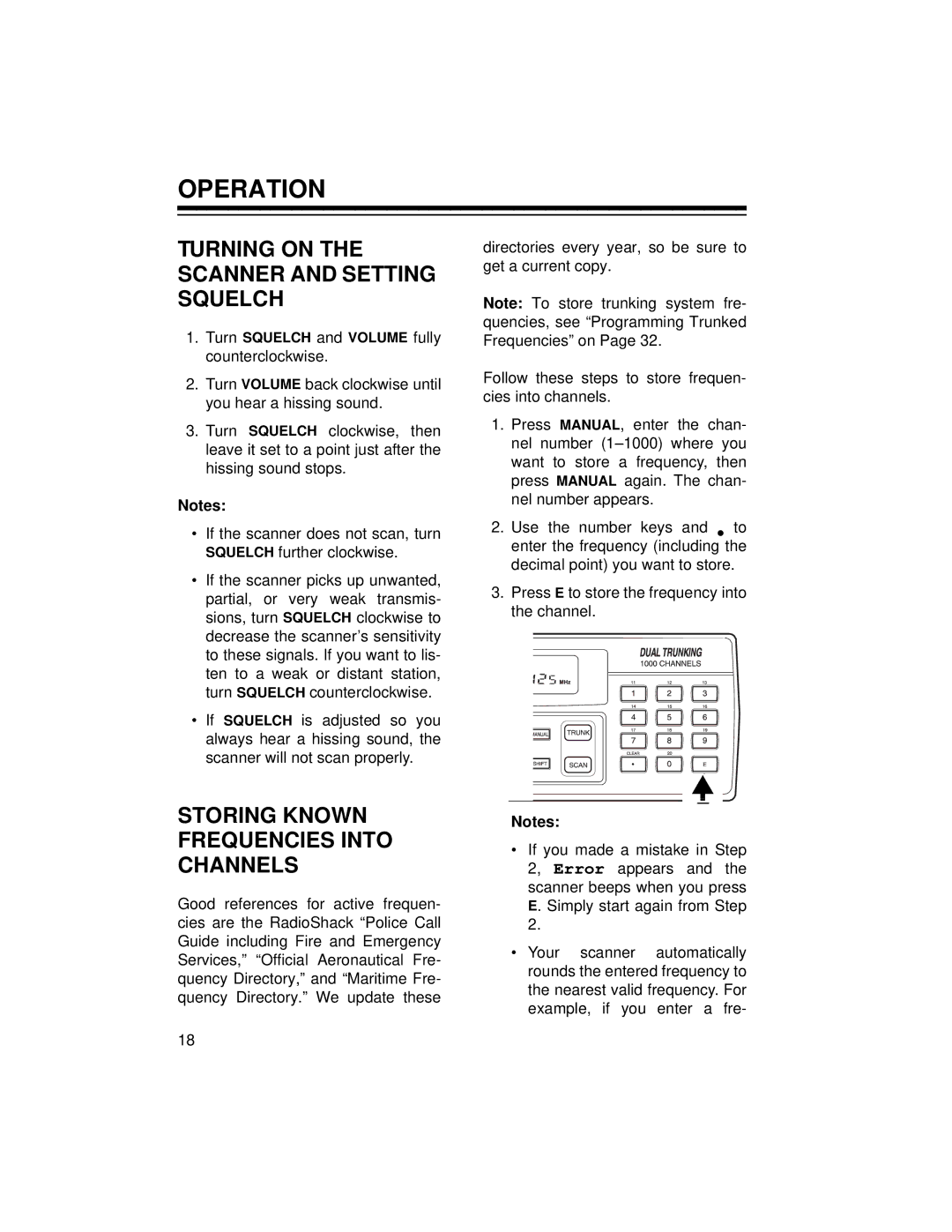 Radio Shack PRO-2052 Operation, Turning on the Scanner and Setting Squelch, Storing Known Frequencies Into Channels 