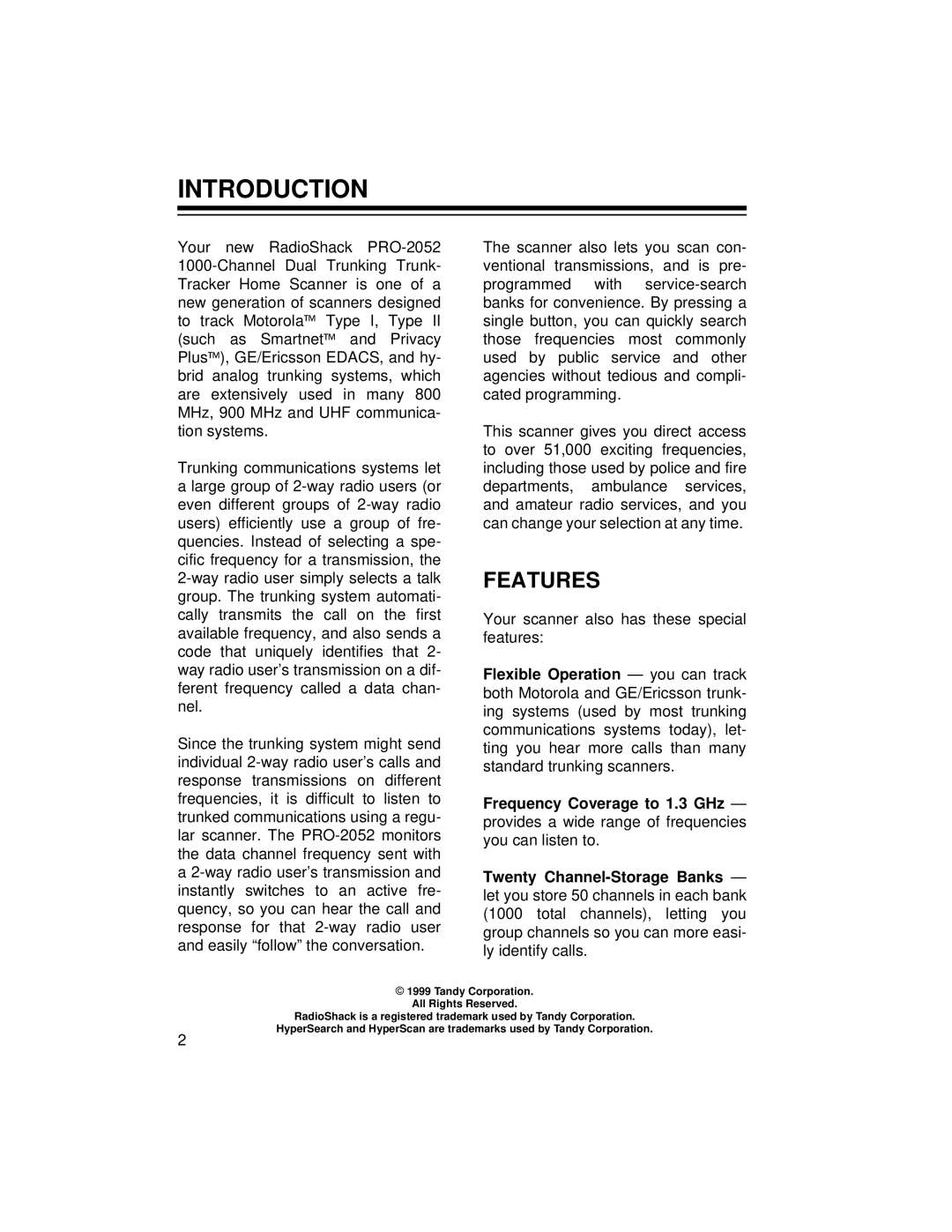 Radio Shack PRO-2052 owner manual Introduction, Features 