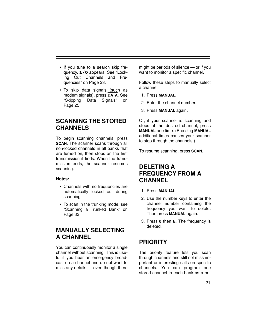 Radio Shack PRO-2052 owner manual Scanning the Stored Channels, Deleting a Frequency from a Channel, Priority 