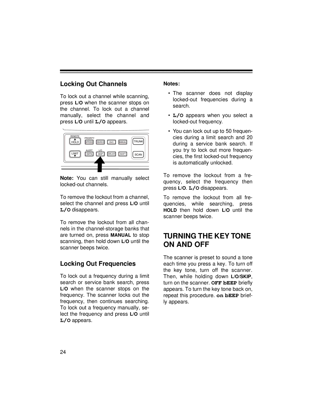 Radio Shack PRO-2052 owner manual Turning the KEY Tone on and OFF, Locking Out Channels, Locking Out Frequencies 