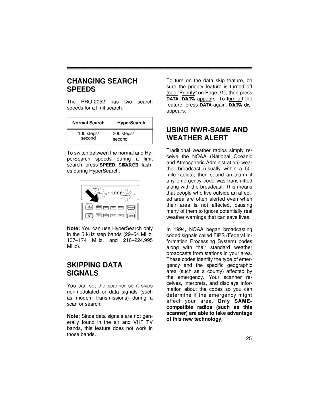 Radio Shack PRO-2052 owner manual Changing Search Speeds, Skipping Data Signals, Using NWR-SAME and Weather Alert 