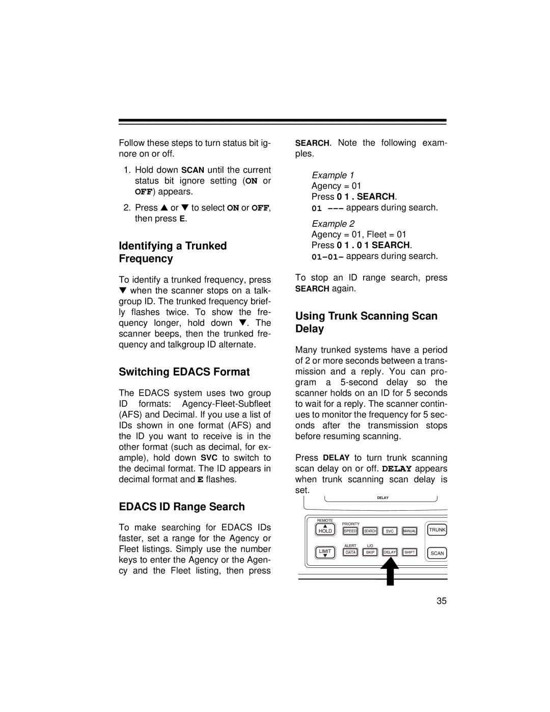 Radio Shack PRO-2052 Identifying a Trunked Frequency, Switching Edacs Format, Edacs ID Range Search, Press 0 1 . Search 