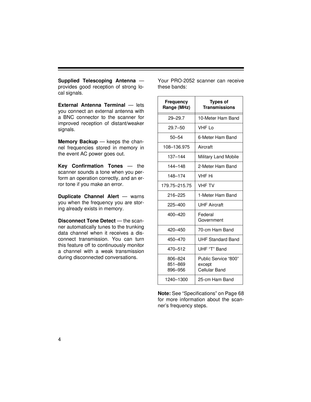 Radio Shack owner manual Your PRO-2052 scanner can receive these bands, Frequency Types Range MHz Transmissions 