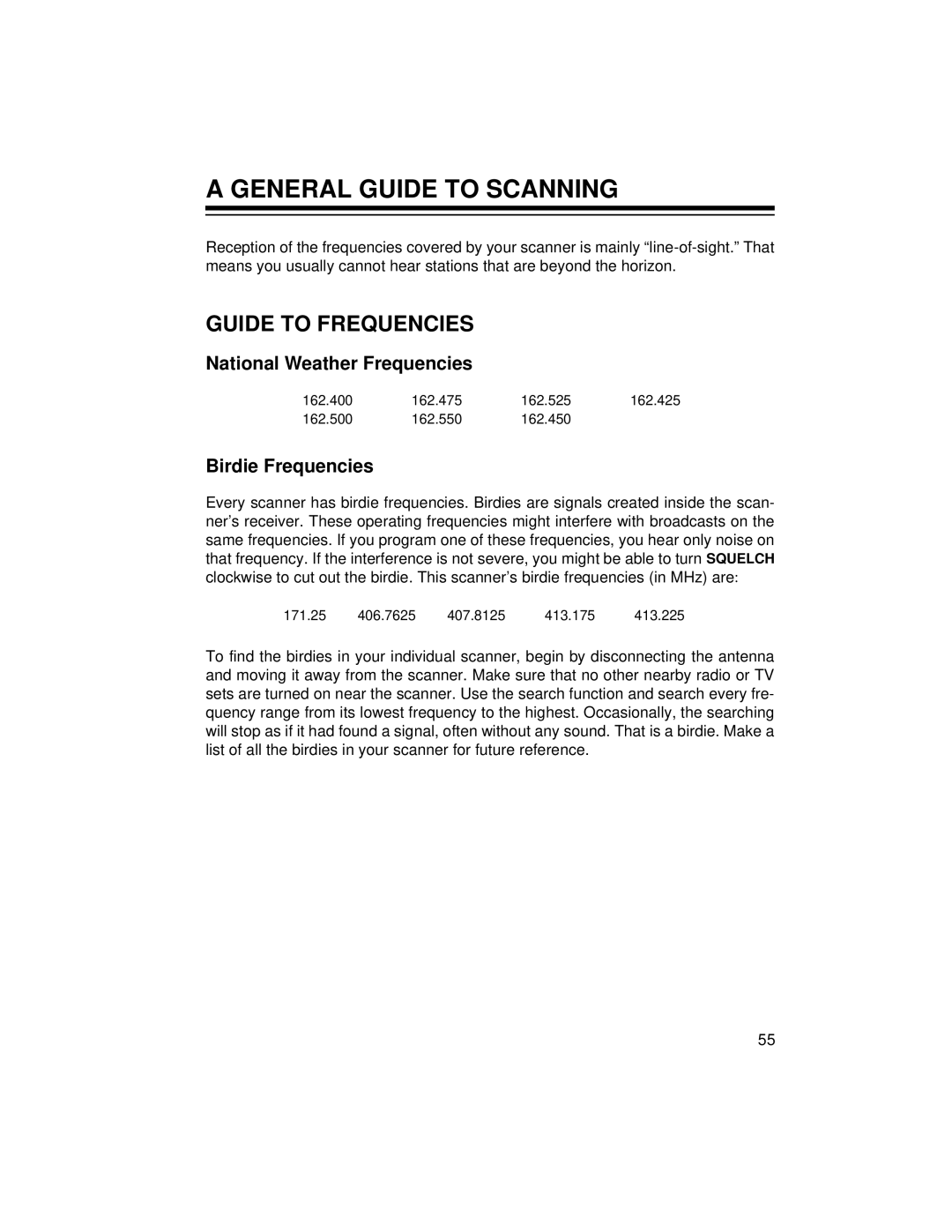 Radio Shack PRO-2052 General Guide to Scanning, Guide to Frequencies, National Weather Frequencies, Birdie Frequencies 