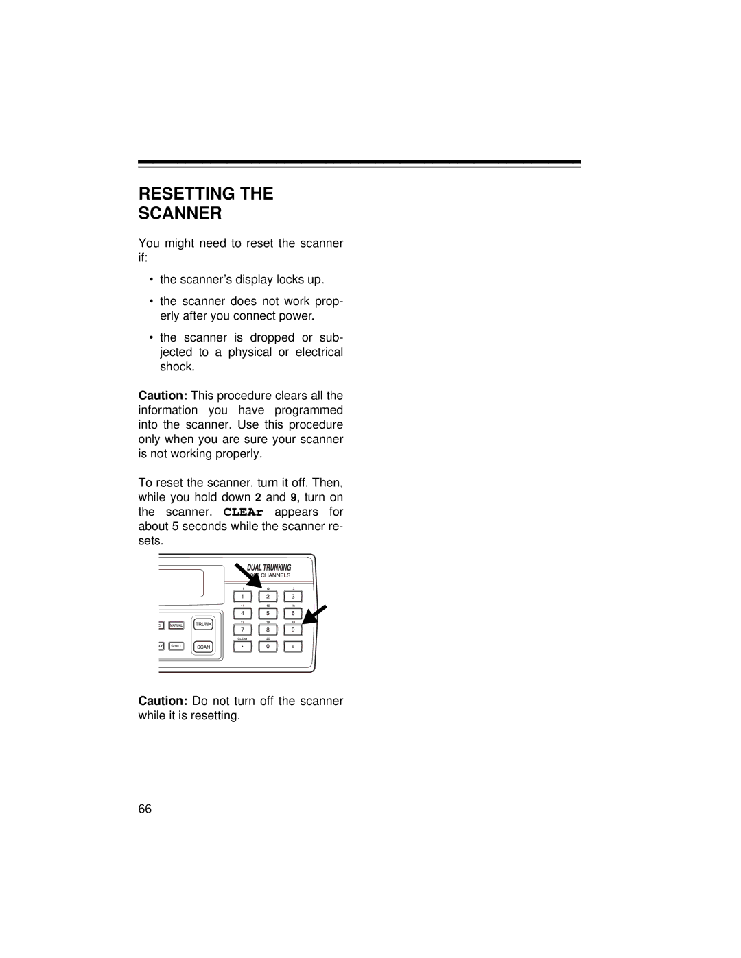 Radio Shack PRO-2052 owner manual Resetting Scanner 