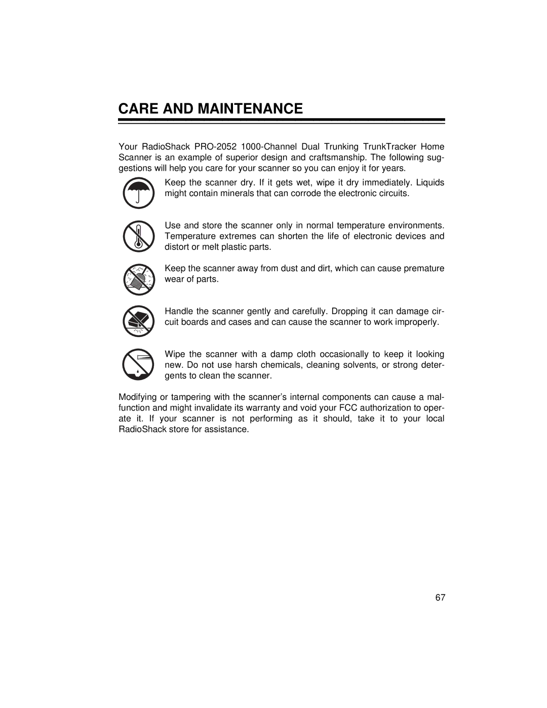 Radio Shack PRO-2052 owner manual Care and Maintenance 