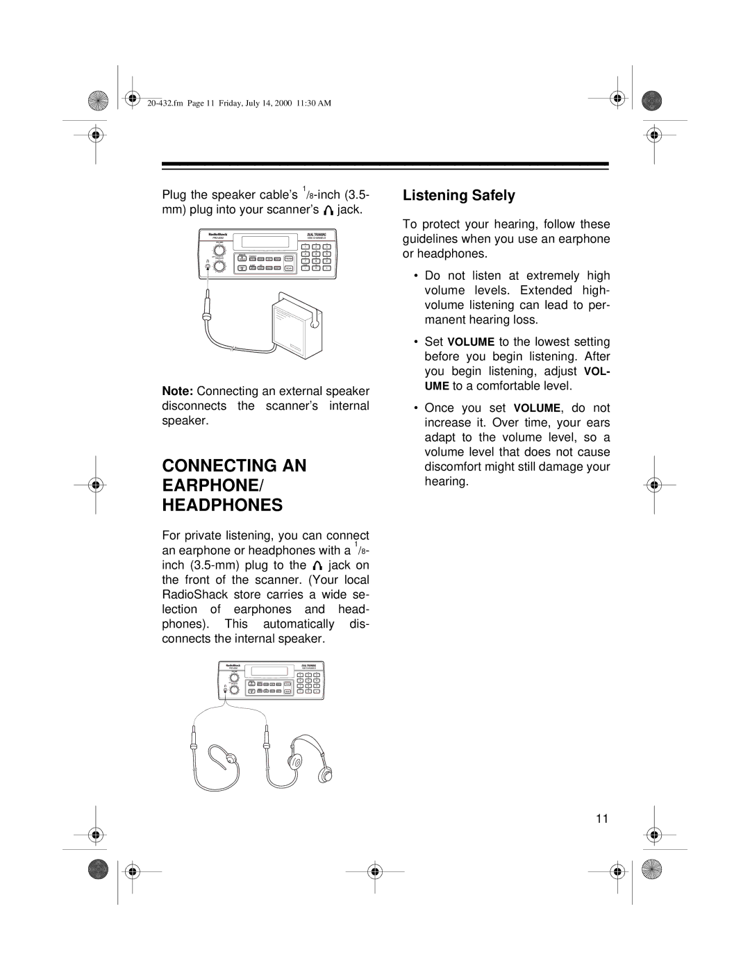 Radio Shack PRO-2052 owner manual Connecting AN Earphone Headphones, Listening Safely 