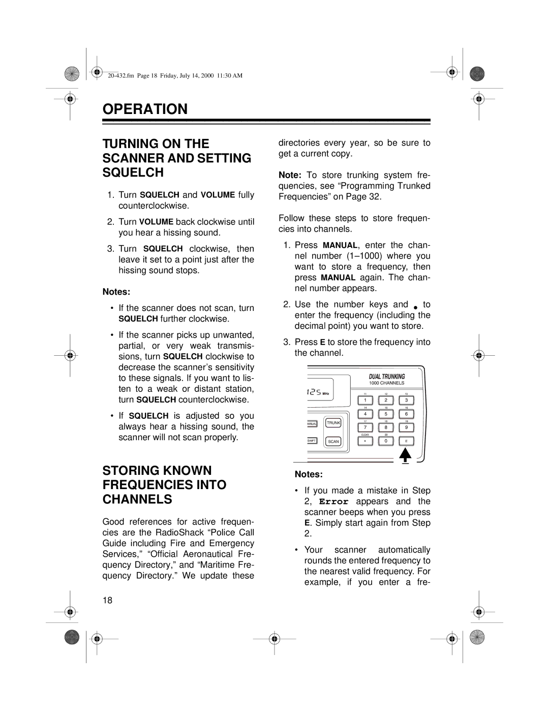 Radio Shack PRO-2052 Operation, Turning on the Scanner and Setting Squelch, Storing Known Frequencies Into Channels 