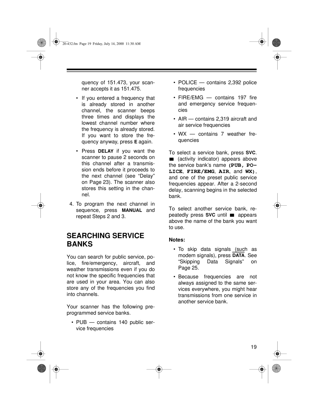 Radio Shack PRO-2052 owner manual Searching Service Banks 