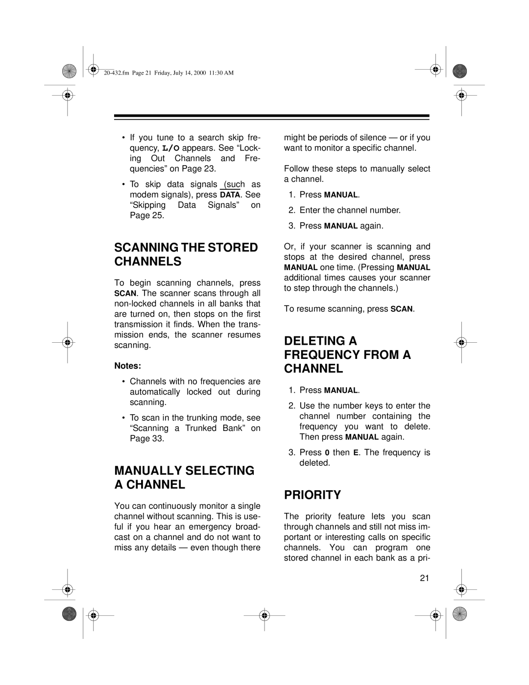 Radio Shack PRO-2052 owner manual Scanning the Stored Channels, Deleting a Frequency from a Channel, Priority 