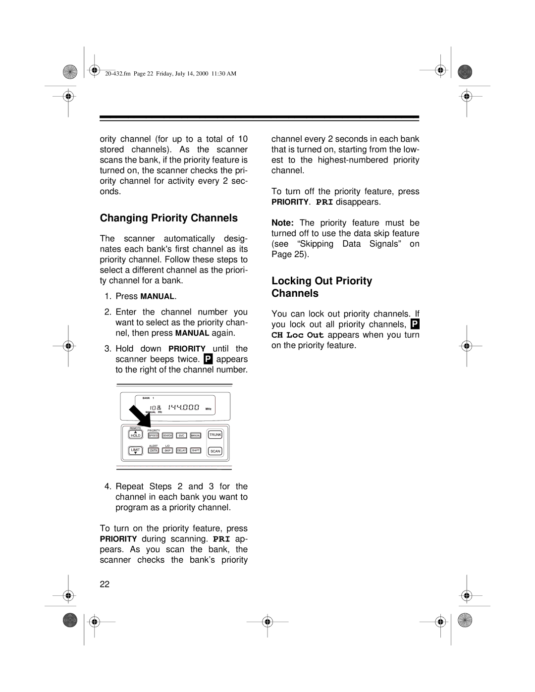 Radio Shack PRO-2052 owner manual Changing Priority Channels, Locking Out Priority Channels 