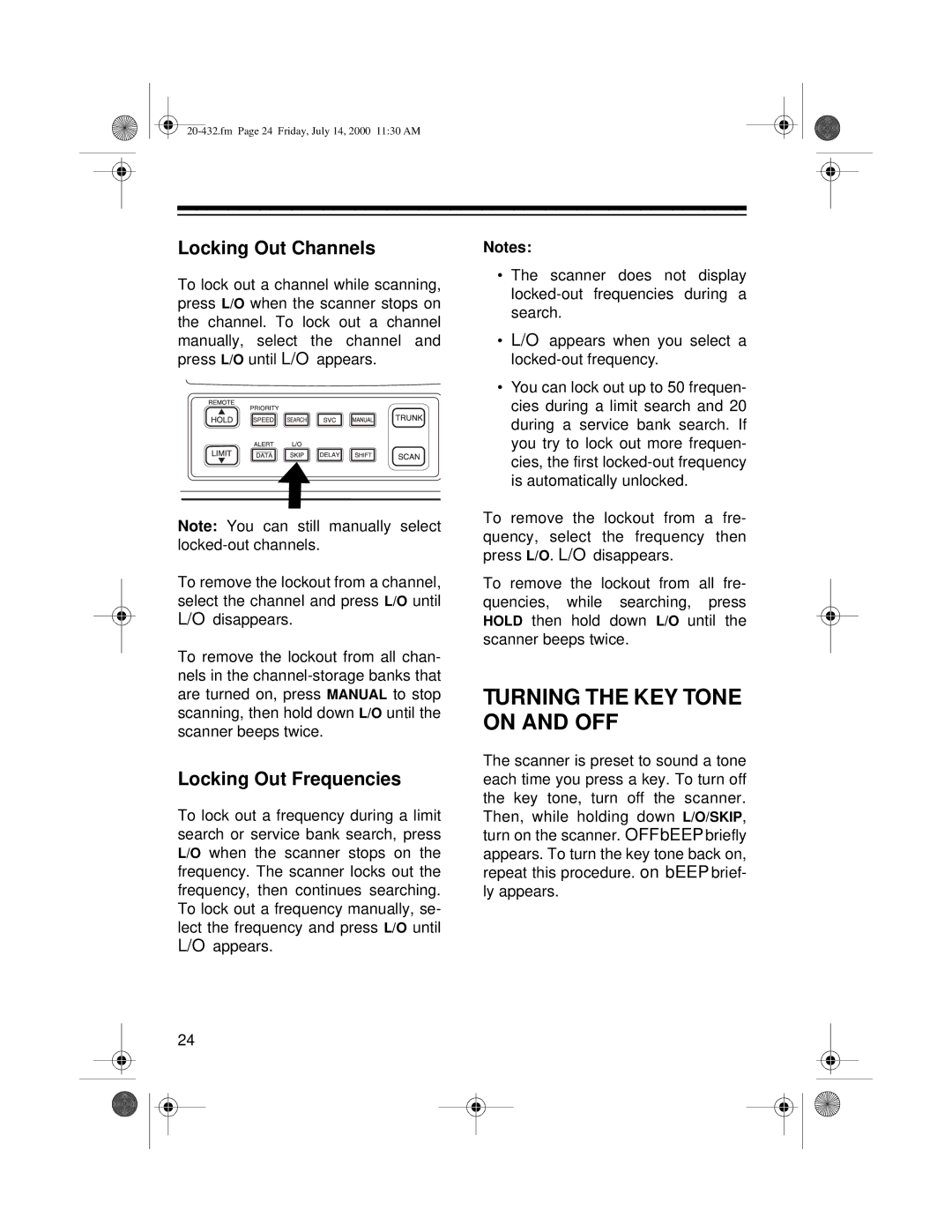 Radio Shack PRO-2052 owner manual Turning the KEY Tone on and OFF, Locking Out Channels, Locking Out Frequencies 