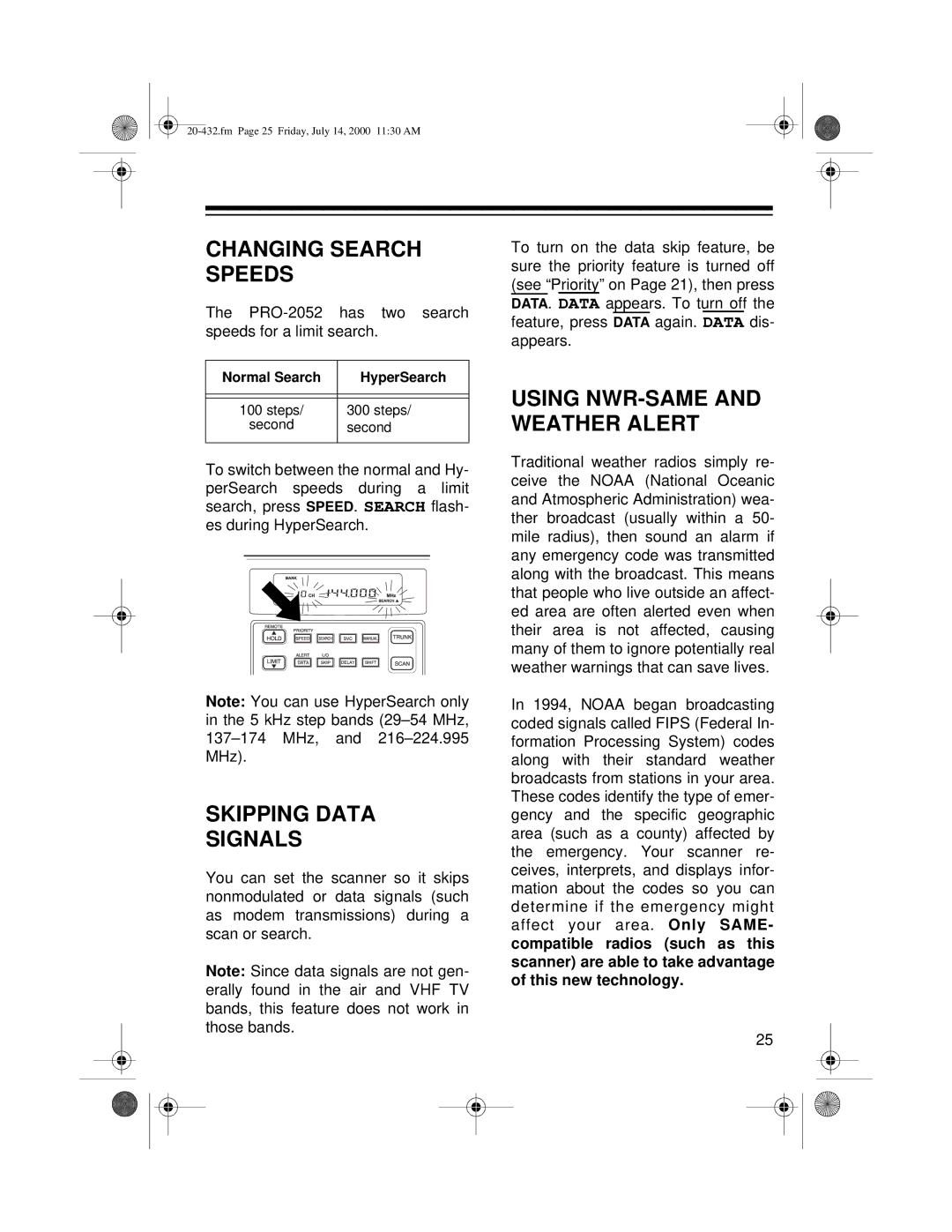 Radio Shack PRO-2052 owner manual Changing Search Speeds, Skipping Data Signals, Using NWR-SAME and Weather Alert 