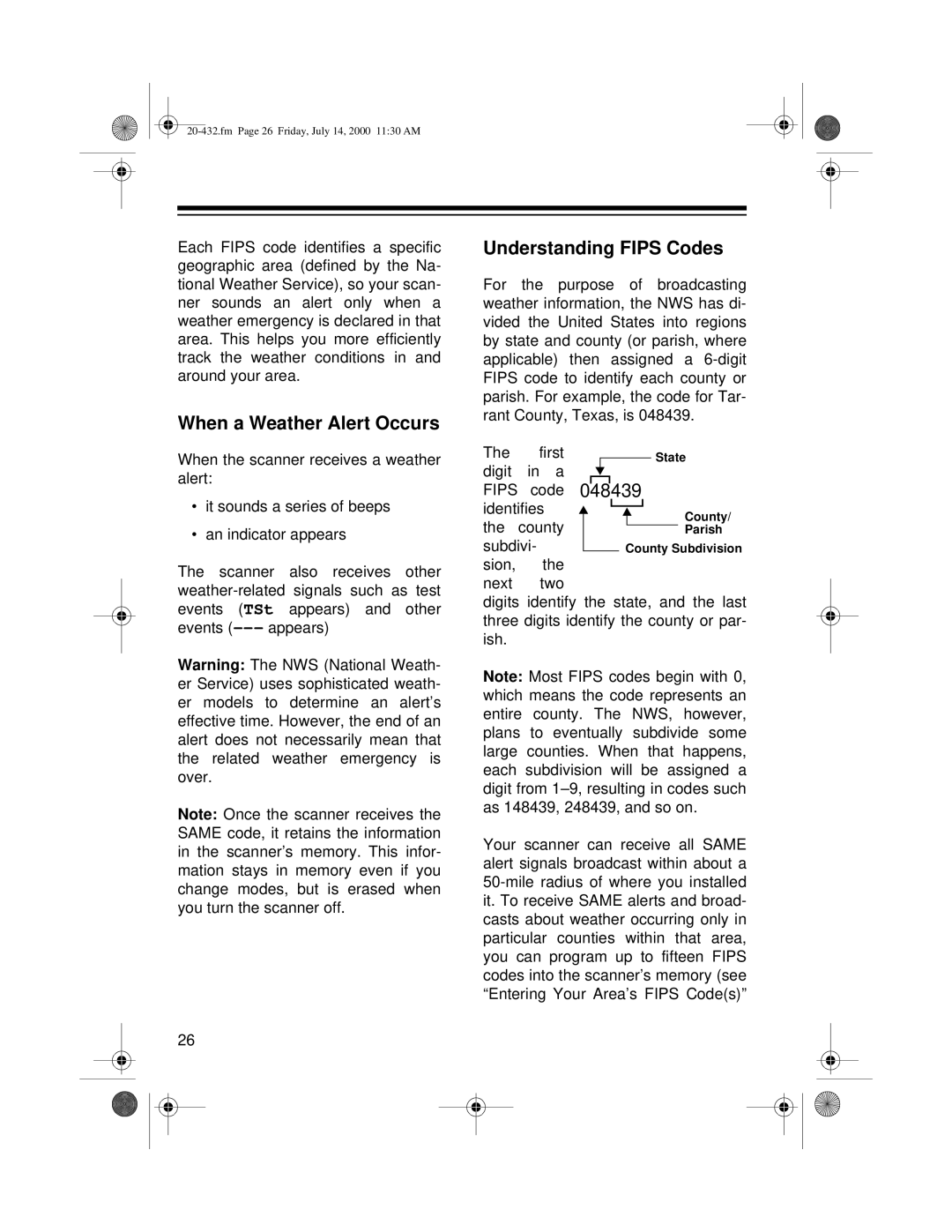 Radio Shack PRO-2052 owner manual When a Weather Alert Occurs, Understanding Fips Codes 