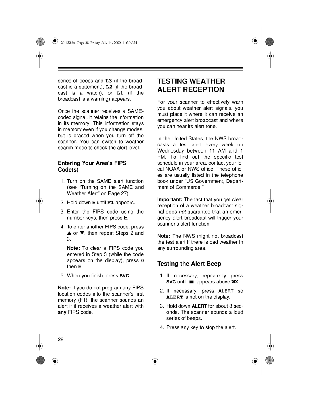 Radio Shack PRO-2052 owner manual Testing the Alert Beep, Entering Your Area’s Fips Codes 