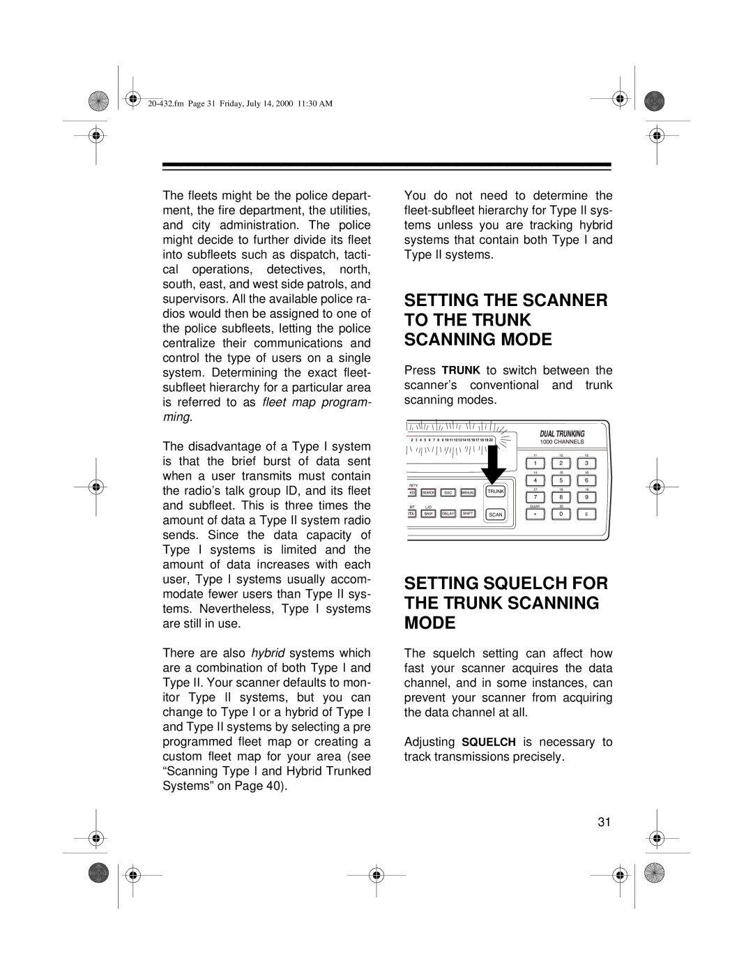 Radio Shack PRO-2052 Setting the Scanner to the Trunk Scanning Mode, Setting Squelch for the Trunk Scanning Mode 