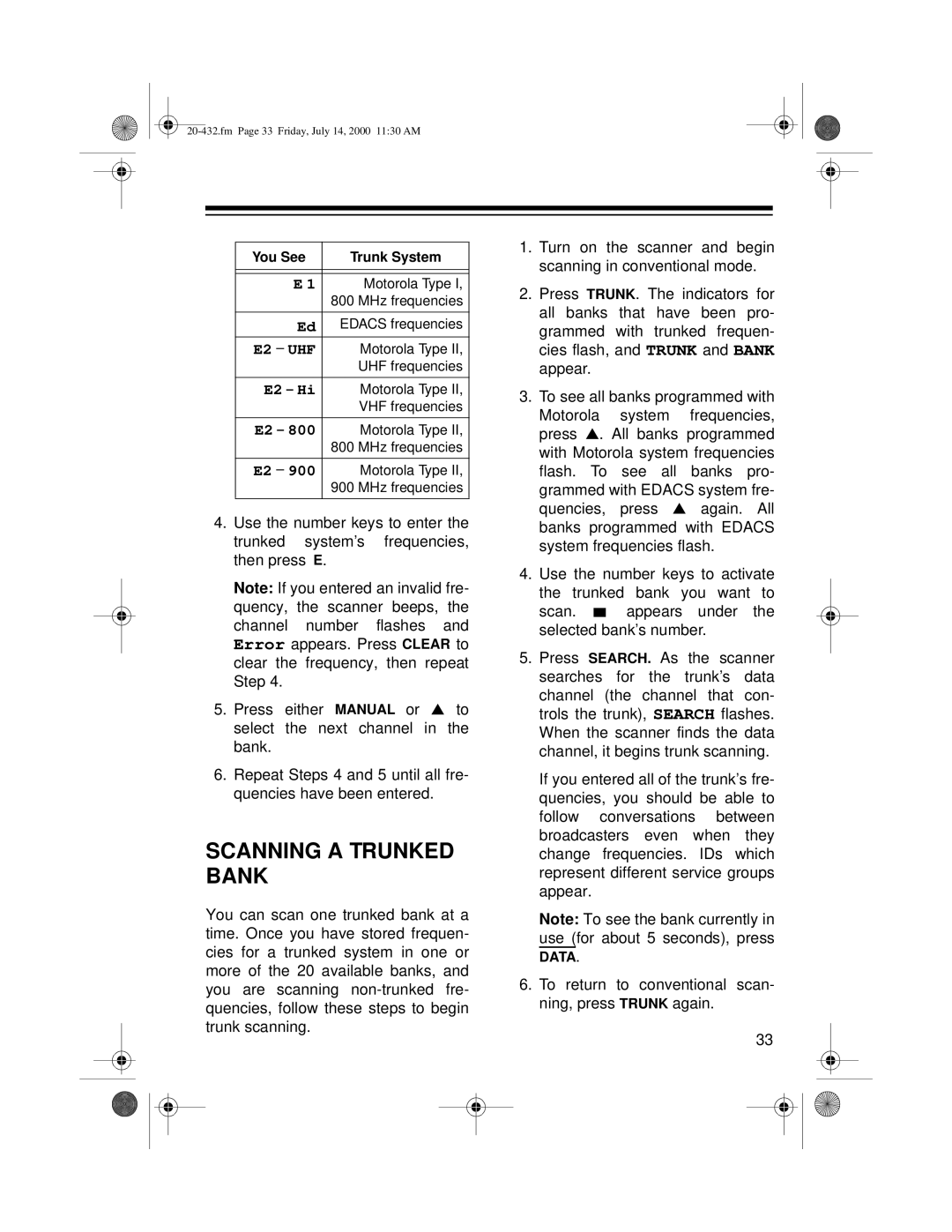 Radio Shack PRO-2052 owner manual Scanning a Trunked Bank, You See Trunk System 