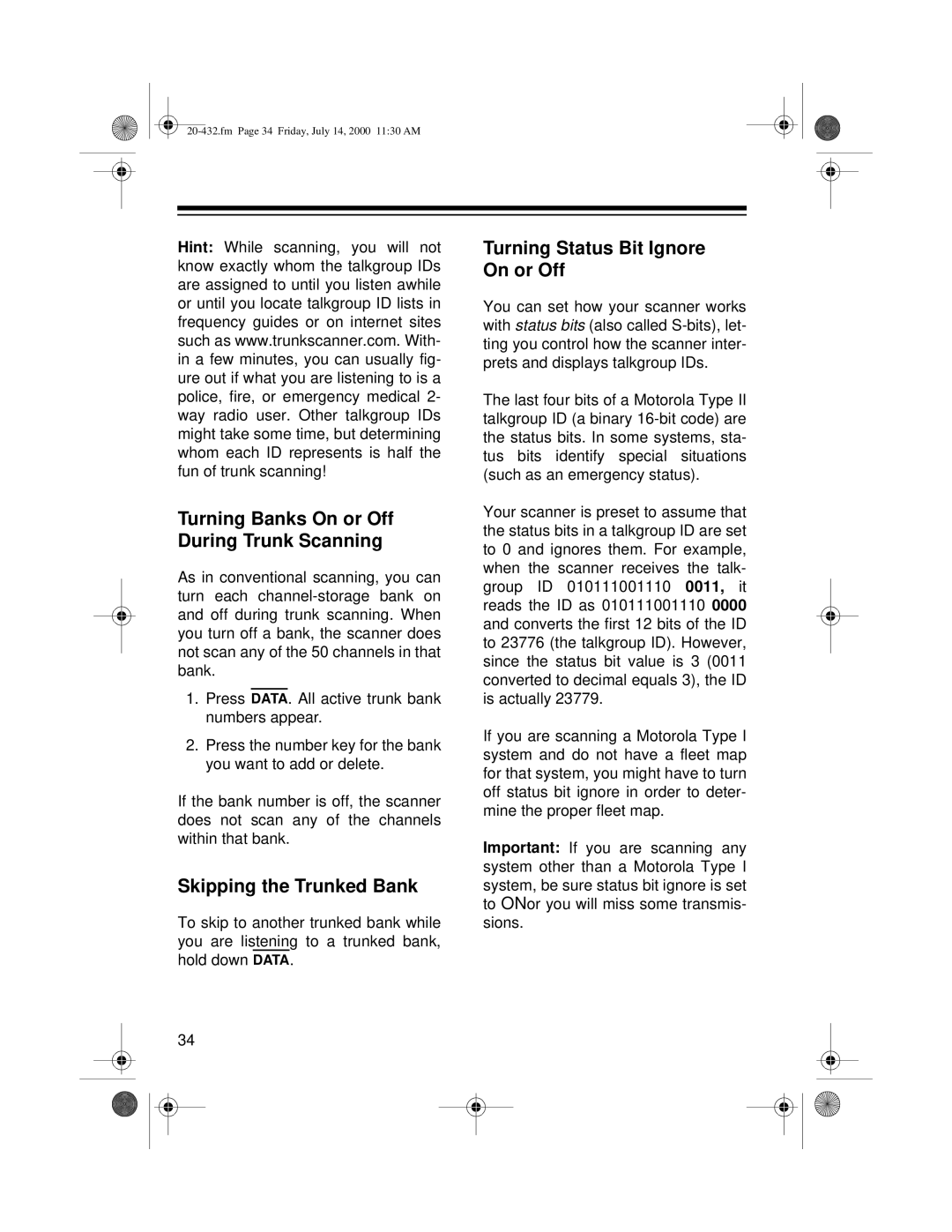 Radio Shack PRO-2052 owner manual Turning Banks On or Off During Trunk Scanning, Skipping the Trunked Bank 