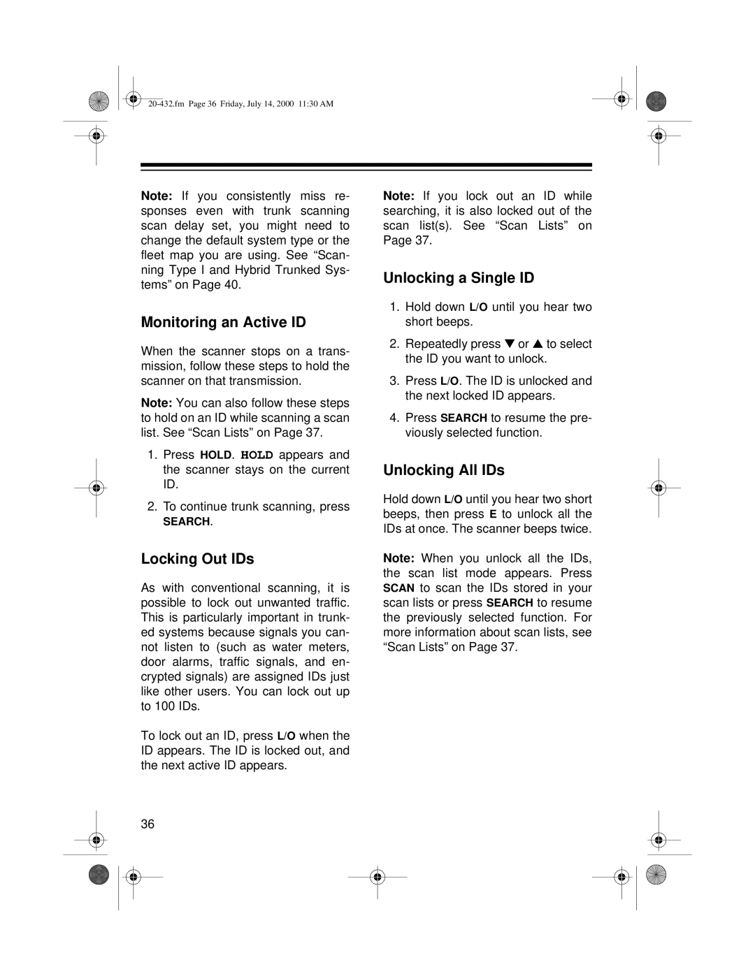 Radio Shack PRO-2052 owner manual Monitoring an Active ID, Locking Out IDs, Unlocking a Single ID, Unlocking All IDs 