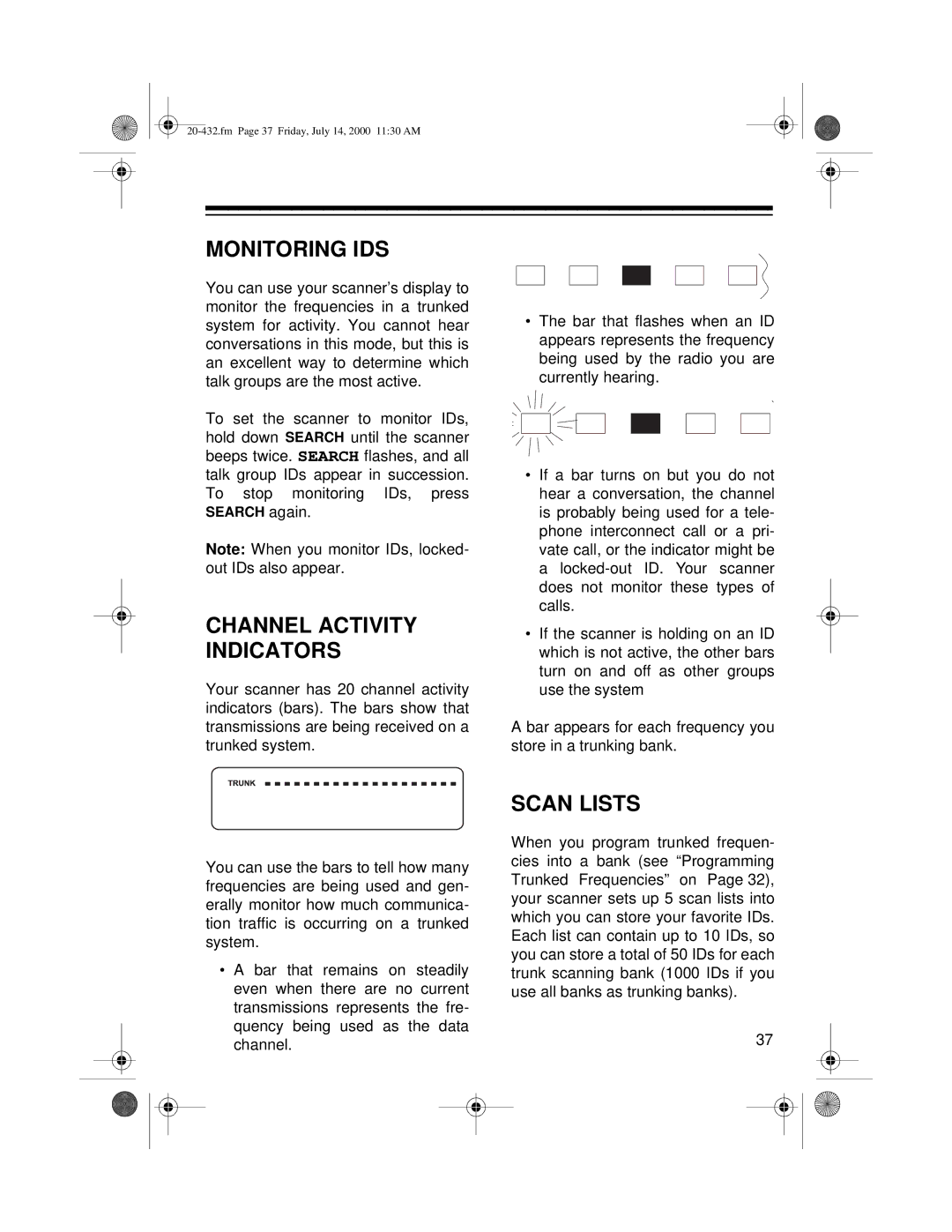 Radio Shack PRO-2052 owner manual Monitoring IDS, Channel Activity Indicators, Scan Lists 